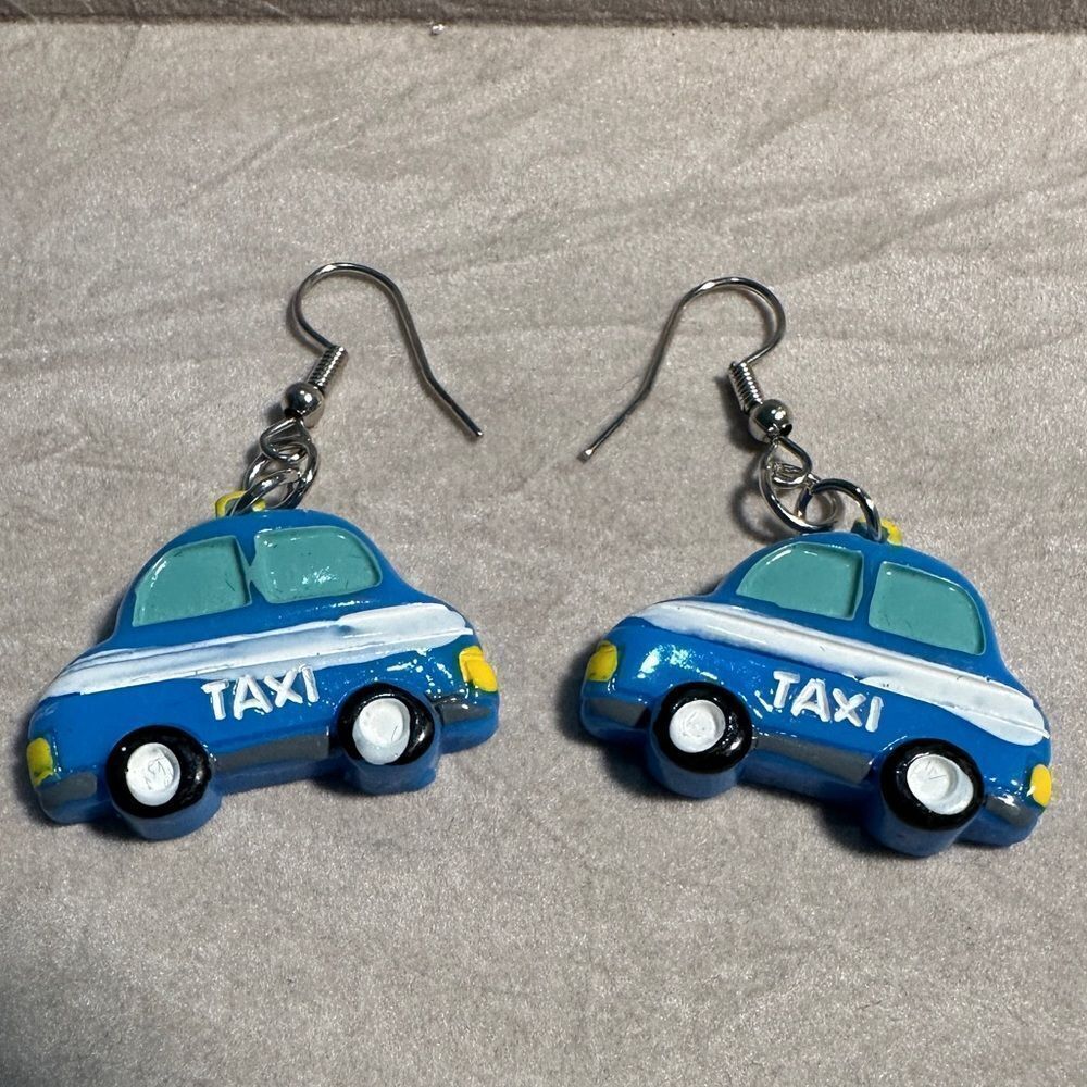 Whimsical Blue Taxi Car Earrings – Fun & Playful Statement Jewelry - Picture 7 of 17
